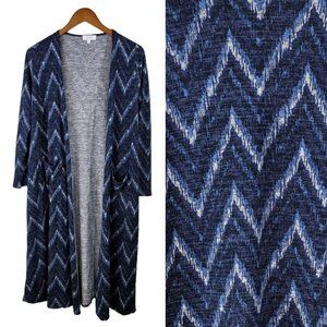 LuLaRoe Sarah Long Open Front Drape Cardigan Size Small Blue Zigzag Duster maxi